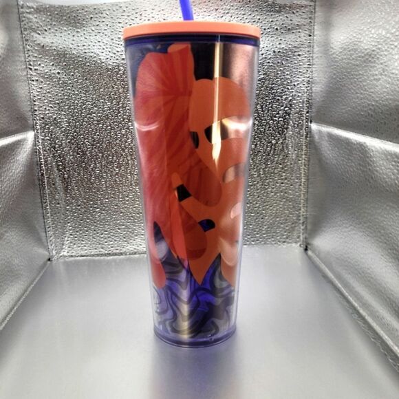 NWT Starbucks 2020 Spring Peach & Purple Palm Mirror Leaf Tumbler - Picture 1 of 4